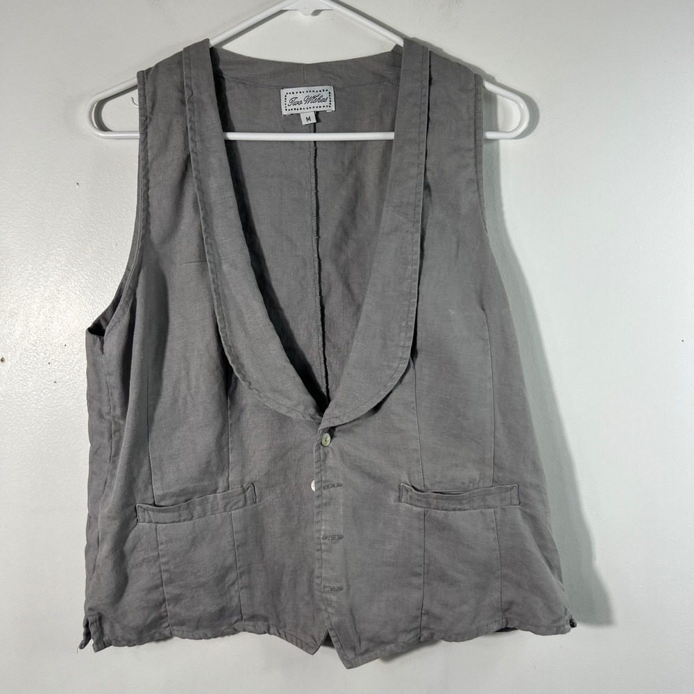 Womens Two Wishes Linen Button Collared Vest Gray M